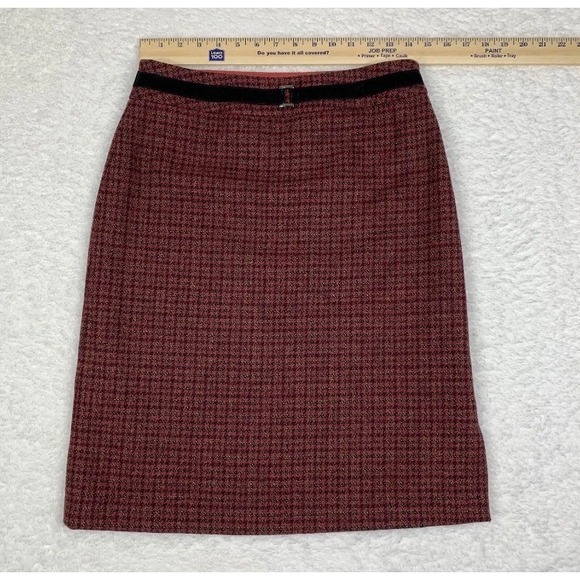 VTG Harolds 4 Wool Houndstooth Plaid Red Black Velvet Belted Skirt Academia USA - Picture 9 of 11
